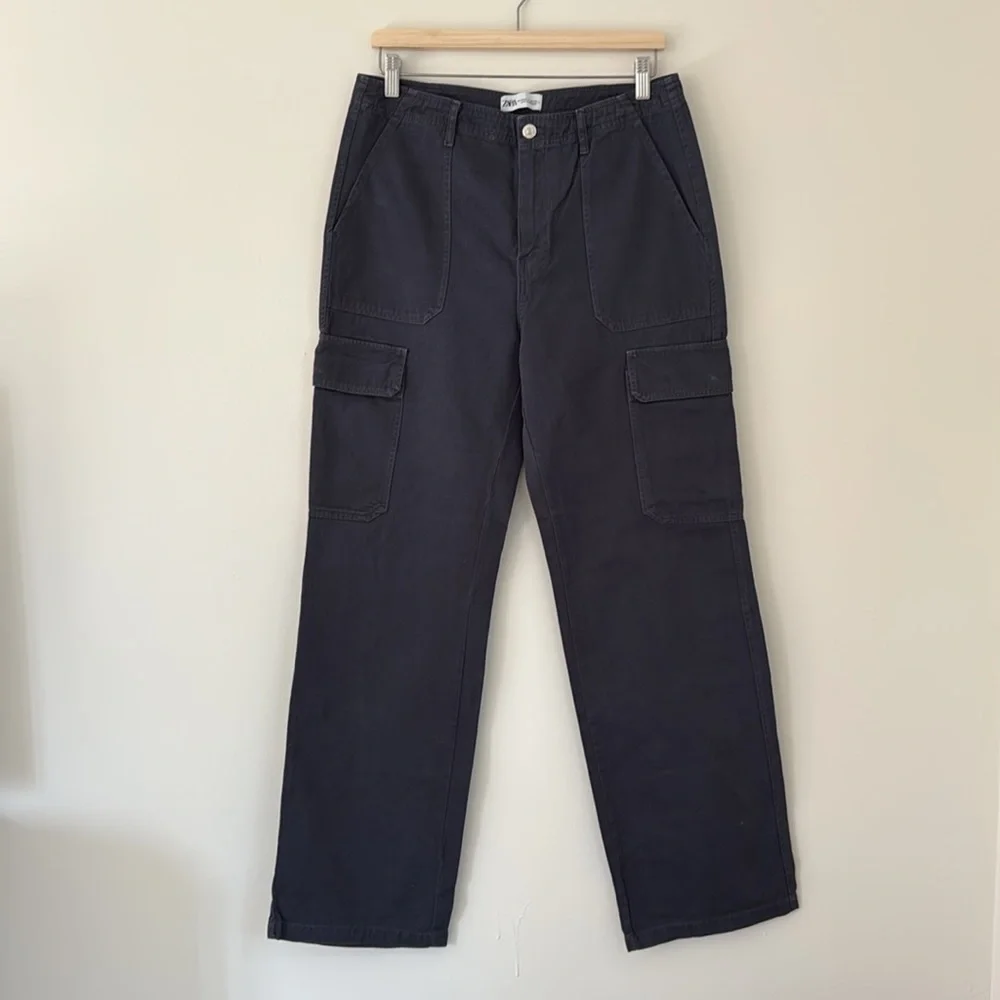 Zara Women's Cargo Straight‎ Leg Pants in Ink Blue